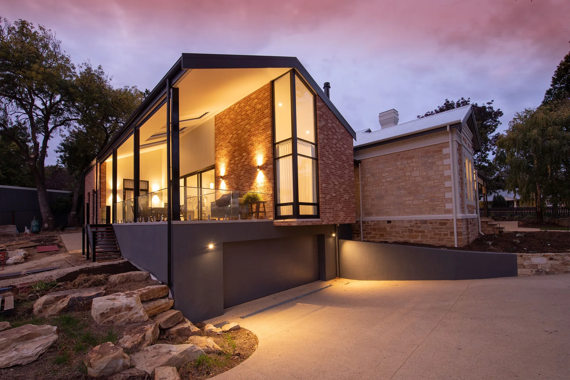 Modern domestic property with exterior lighting