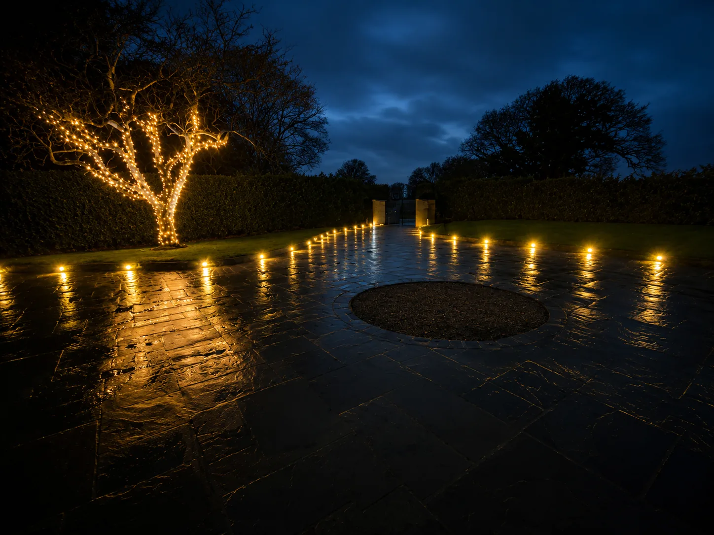 Outdoor path and feature lighting illuminating a garden after dark